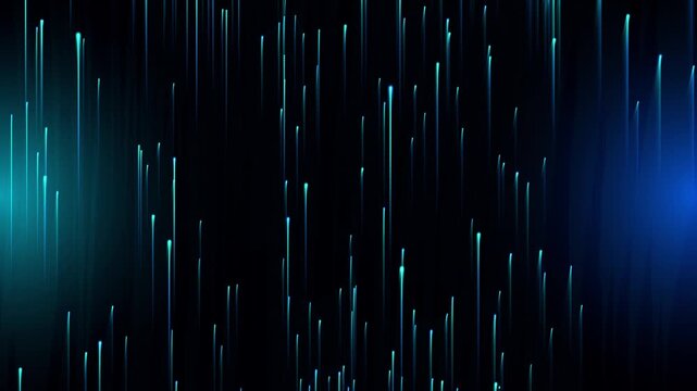 Abstract glowing neon light streaks moving upwards on a dark background creating a futuristic