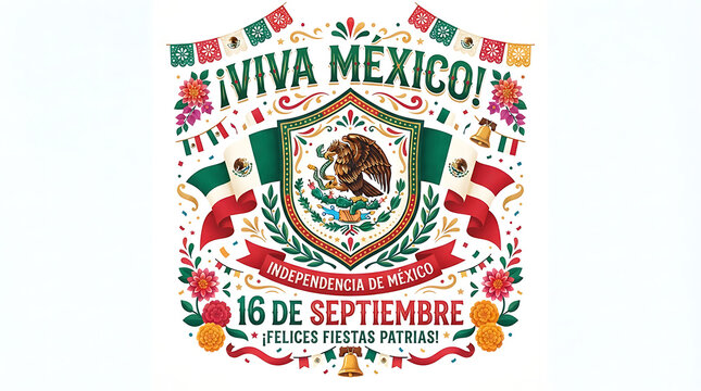 Mexican flags, with "&iexcl;Viva M&eacute;xico!" above, a red banner reading "Independencia de M&eacute;xico" and "16 de Septiembre," and "&iexcl;Felices Fiestas Patrias!" 