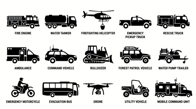 Wildfire management icon set showing emergency response vehicles and rescue equipment silhouettes
