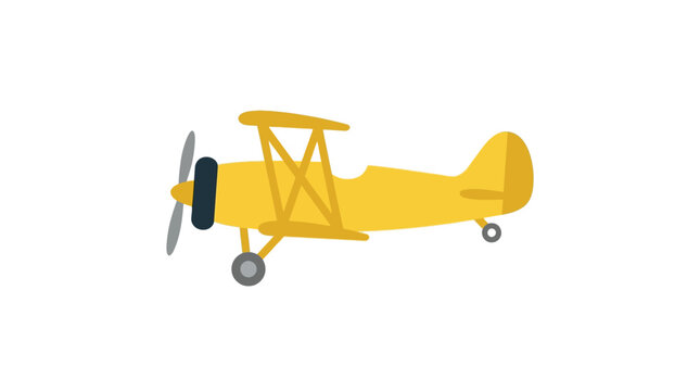 Bright yellow vintage biplane aircraft featuring spinning propeller and minimalist flat vector design style aesthetic