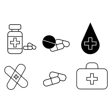 Set of medical vector line icons including a medicine bottle, pills, blood drop, bandages, and a first aid kit