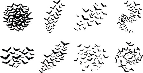 Fototapeta premium Silhouette bat formations in flight patterns for Halloween and spooky night designs
