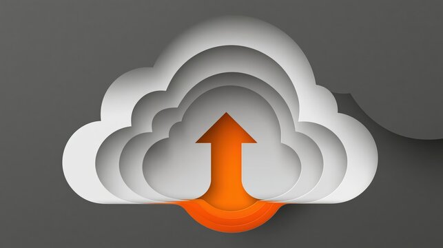 Orange arrow signifies upward movement within a layered cloud graphic.
