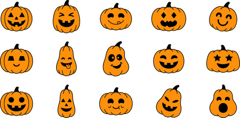 Obraz premium Set of cute cartoon pumpkin stickers with various funny facial expressions for halloween holiday decoration and design