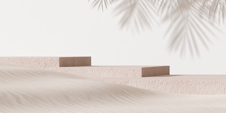A minimalist scene with sand dunes and abstract blocks, casting palm fronds