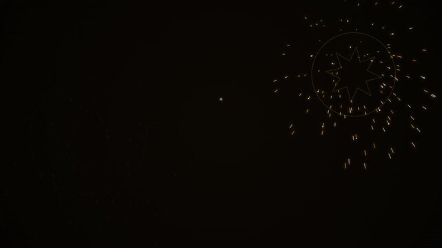 Golden starburst fireworks explode in dark night sky creating celebratory sparks and festive