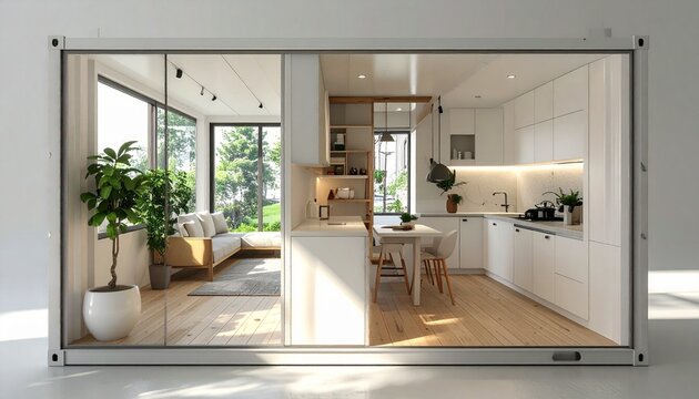 Modern modular shipping container home interior with kitchen and living room tiny house sustainable architecture eco living