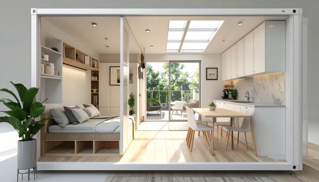 Modern modular shipping container home interior with kitchen and bedroom cross section view modular house modern architecture