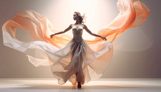 Woman dancing with flowing fabric