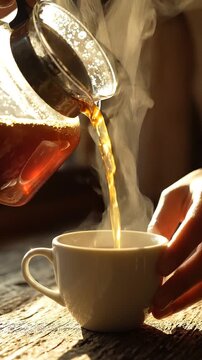 A Warm Morning Ritual: The Art of Brewing Fresh Coffee, Capturing the Essence of Comfort in the Last Moments of Pouring into a Steaming Cup