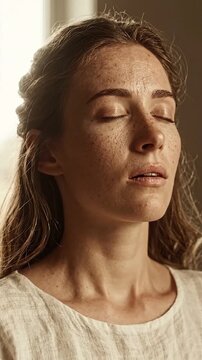 A Serene Woman with Freckles and Closed Eyes, Experience Tranquility and Reflection in a Softly Lit Environment, Reveling in Stillness and Calmness
