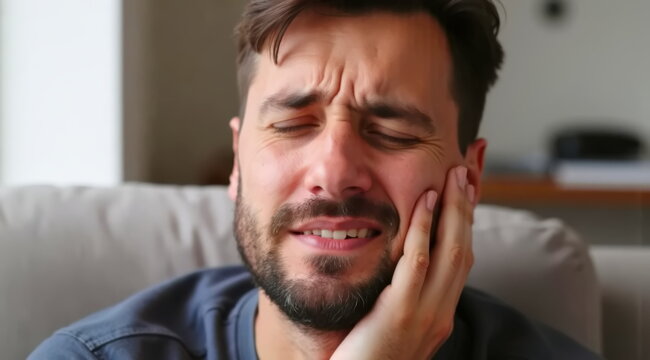 A man at home suffering from a toothache holds his cheek with his hand