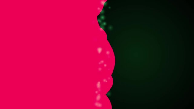 Vibrant pink abstract shape with sparkling particles overlaying a dark green textured background
