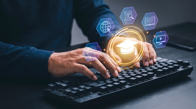 Online education concept, person typing on keyboard with digital icons of elearning, graduation hat, and study tools