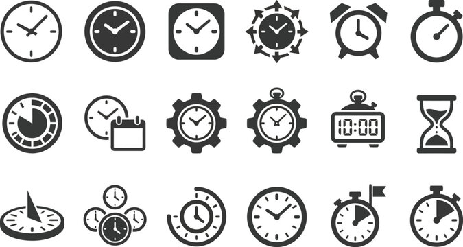 Clock icon set representing various timekeeping devices, timers, and alarm clocks.