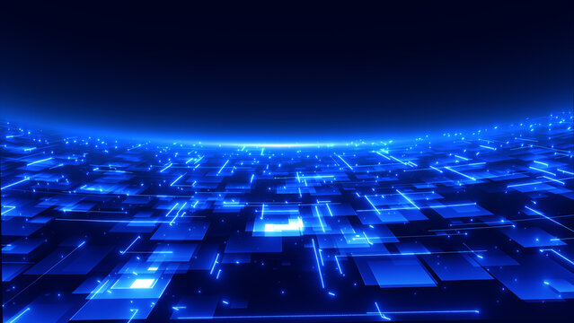 Futuristic digital network grid with glowing blue data lines flowing across an abstract technology landscape, representing data transfer, connectivity, communication, and cyberspace. 3d rendering