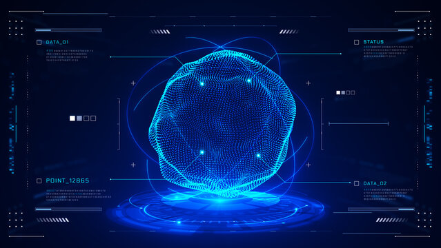 AI data sphere formed by glowing digital particles with an advanced HUD interface, representing big data, artificial intelligence, data processing, analytics, and digital technology. 3d rendering