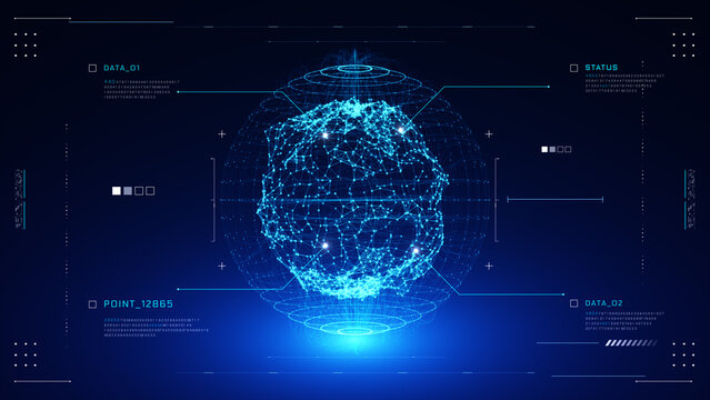 AI data sphere with glowing nodes and network connections with a digital HUD interface, representing artificial intelligence, big data, computing, analytics, and advanced technology. 3d rendering