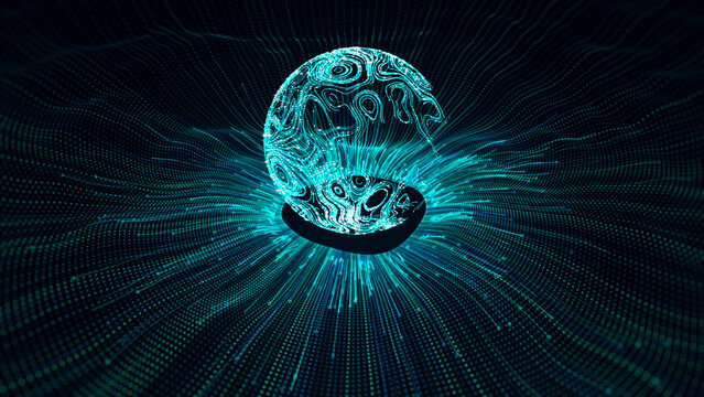 AI data sphere surrounded by flowing digital particles, glowing data waves, representing artificial intelligence, big data, information processing, connectivity, and advanced technology. 3d rendering