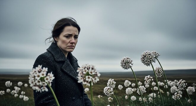 Woman field flowers landscape