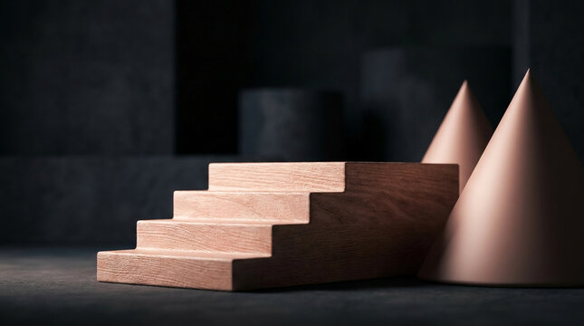 Macro close-up view of a rose gold raw wood minimalist stairs podium adjacent to smooth geometric cones under moody lighting.