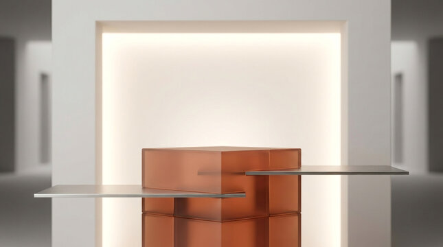 Front eye-level view of an earthy terracotta frosted glass block podium intersected by sleek horizontal planes under soft backlight.