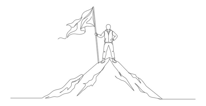 One line drawing of a person standing on a mountain peak holding flag with continuous line