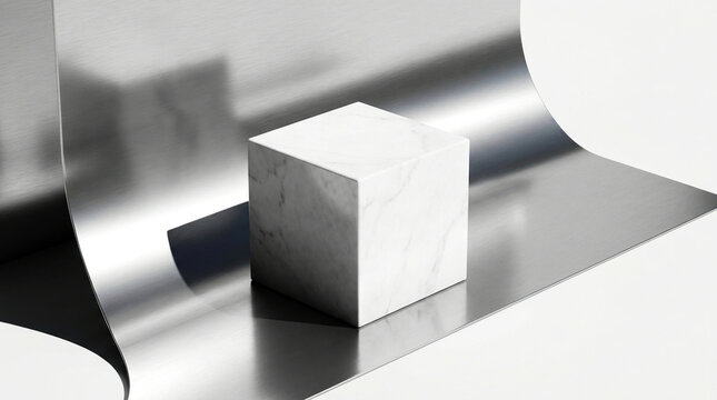 Macro view of a pure white marble square cube podium reflecting onto a polished metallic architectural curve under sharp shadows.