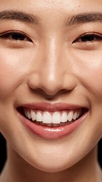 A Close-Up Look at a Smiling Woman's Radiant, Flawless Skin and Bright Smile in a Dynamic Video Sequence Highlighting Beauty and Confidence