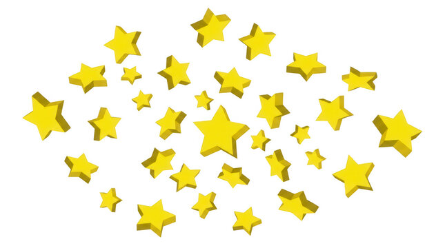 Un ensemble de nombreuses &eacute;toiles jaunes en trois dimensions dispers&eacute;es de mani&egrave;re al&eacute;atoire sur un fond blanc pur, cr&eacute;ant un motif festif et dynamique id&eacute;al pour des designs graphiques cr&eacute;atifs.