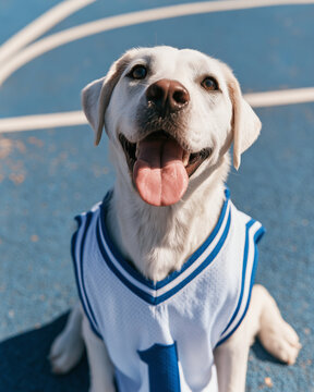 Dog in basketball player jersey outdoors on sunny day in sports court with blue  