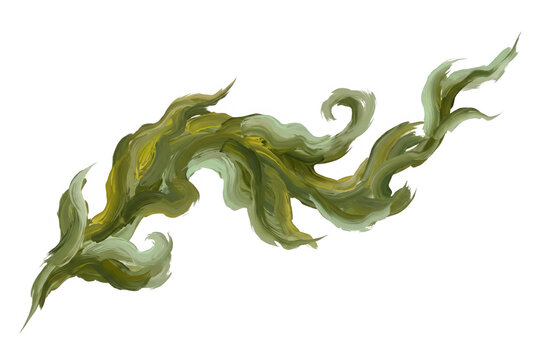 Une illustration artistique d'une branche de feuillage vert aux formes fluides et ondul&eacute;es, peinte avec un style pictural dynamique sur un fond blanc pur, id&eacute;ale pour des projets de design graphique.