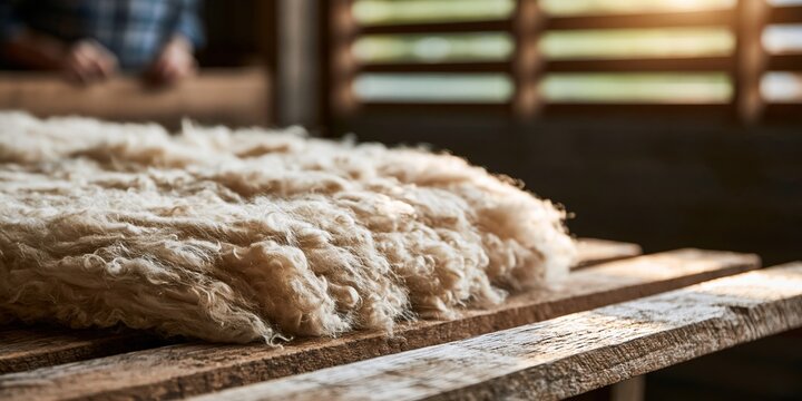 Raw wool fleece drying on wooden surface
