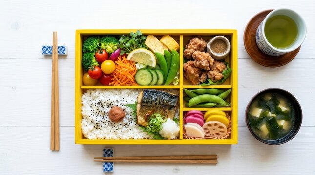 Delicious Japanese bento box lunch with grilled fish and fried chicken