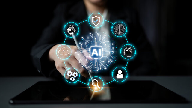Abstract representation of artificial intelligence with various technology icons and a businessperson hand interacting with a digital tablet in a dark backdrop. Entropy.