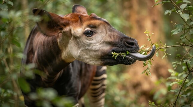 Okapi with long blue tongue eating green leaves from a tree branch in the forest