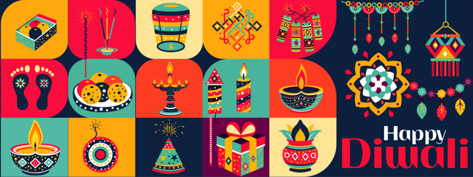 Diwali festival flat modern elements illustration and icon.color full vector fireworks. set for graphic and web design templates or deepavali firecrackers, diwali crackers flat vector [Converted]