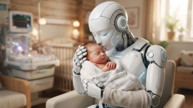 Advanced robot gently cradles a newborn baby in a tender moment