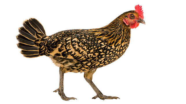 Gold and black laced Sebright bantam hen standing in profile