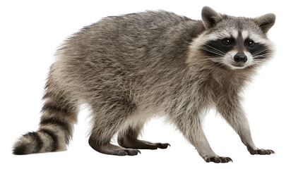 Full body side view of a fluffy raccoon with a striped tail and black eye mask © Lena