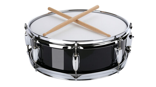 Black snare drum with chrome hardware and wooden drumsticks