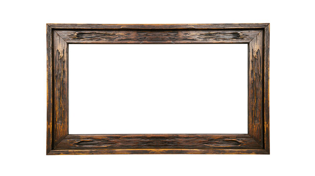 Rectangular rustic dark brown wooden picture frame with textured grain