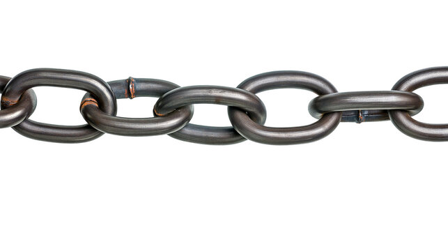 Heavy duty dark grey metal chain links connected in a horizontal row
