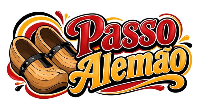 Traditional Wooden Shoes Illustration with Passo Alemao Typography in Vibrant Vector Style for Brazilian Festival Poster Design