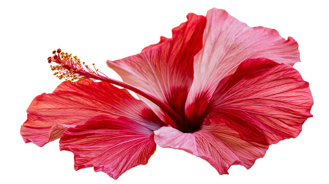 Vibrant red and pink hibiscus flower with prominent yellow stamen