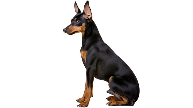 Black and tan Miniature Pinscher dog sitting in profile