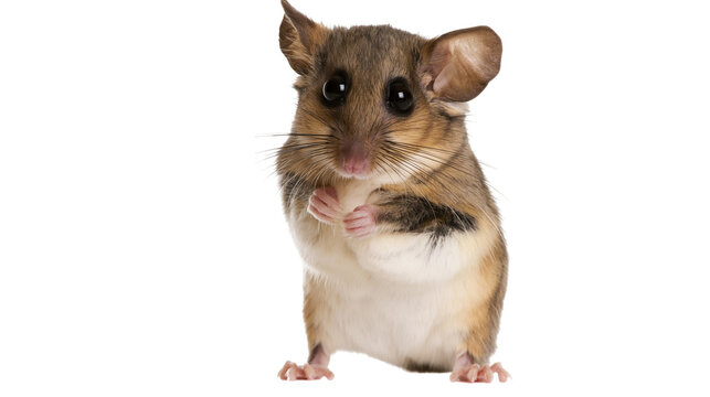 Small brown African dormouse standing upright with large dark eyes and whiskers