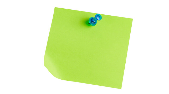 Neon green square sticky note paper pinned with a blue plastic push pin