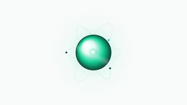 Stylized green atom model showing nucleus and electron orbits for scientific research technology and education concept graphic illustration