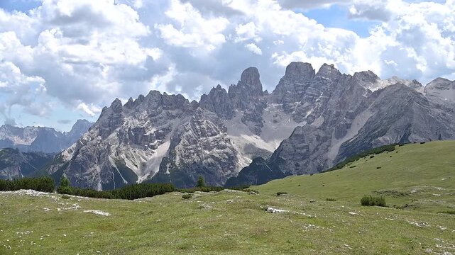 Iconic, dreamlike Dolomites. The Sesto Dolomites, between Monte Cristallo and the Tre Cime di Lavaredo in summer. With hiking and climbing.